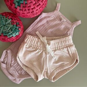 Jamie Kay Organic cotton Pointelle baby bodysuit and floral light pink shorts